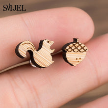 Load image into Gallery viewer, SMJEL Bohemia Wood Wooden Earings for Women Jewelry Flower Print Wave Tree Compass Small Earrings Piercing Jewelry Accessory