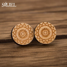 Load image into Gallery viewer, SMJEL Bohemia Wood Wooden Earings for Women Jewelry Flower Print Wave Tree Compass Small Earrings Piercing Jewelry Accessory