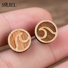 Load image into Gallery viewer, SMJEL Bohemia Wood Wooden Earings for Women Jewelry Flower Print Wave Tree Compass Small Earrings Piercing Jewelry Accessory