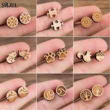 Load image into Gallery viewer, SMJEL Bohemia Wood Wooden Earings for Women Jewelry Flower Print Wave Tree Compass Small Earrings Piercing Jewelry Accessory
