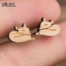 Load image into Gallery viewer, SMJEL Bohemia Wood Wooden Earings for Women Jewelry Flower Print Wave Tree Compass Small Earrings Piercing Jewelry Accessory
