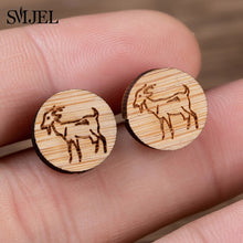 Load image into Gallery viewer, SMJEL Bohemia Wood Wooden Earings for Women Jewelry Flower Print Wave Tree Compass Small Earrings Piercing Jewelry Accessory
